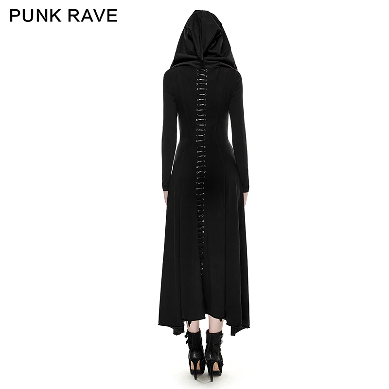 Black Knitted Slim Long Sleeve Hooded Evening Gothic Dresses - Image 3