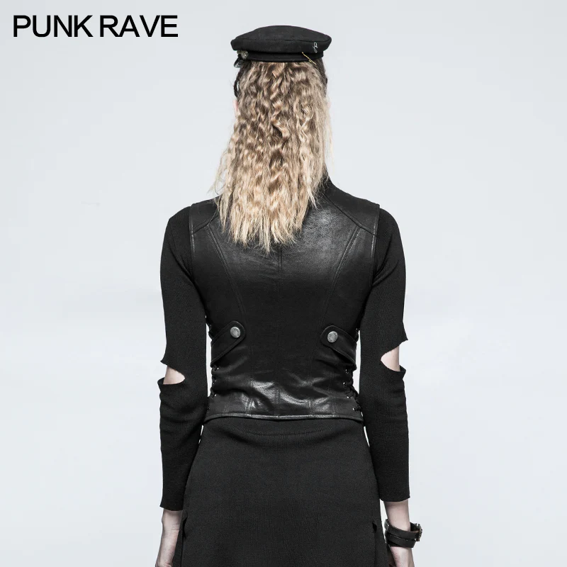 Black Leather Punk Vest Waistcoat Women Slim Joker Style - Image 3