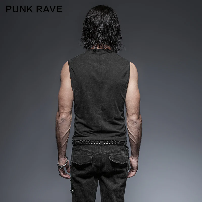 Black Rock Cotton Leather Belt Sleeveless Punk Shirts For Men - Image 3