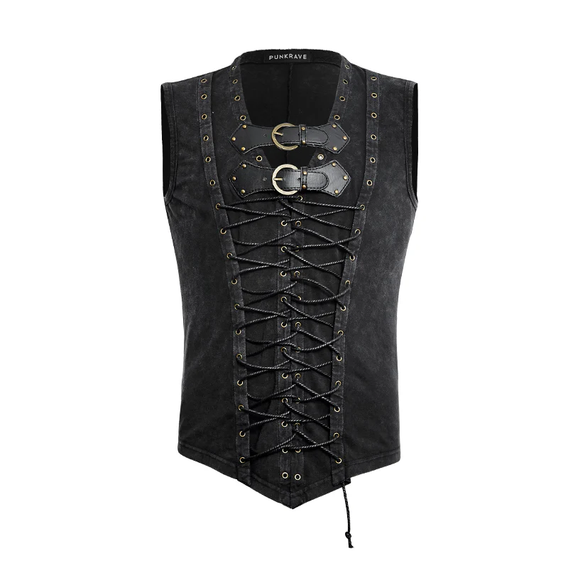 Black Rock Cotton Leather Belt Sleeveless Punk Shirts For Men - Image 4