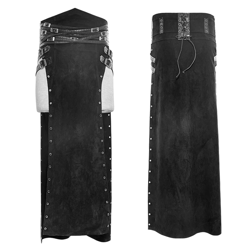 Black Wool Leather Spanking Split Punk Skirt - Image 9