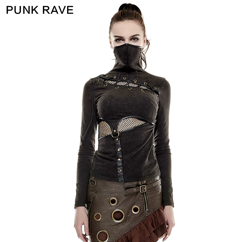 Coffe Steampunk Tight Mesh Punk Shirts With High Collar - Image 6