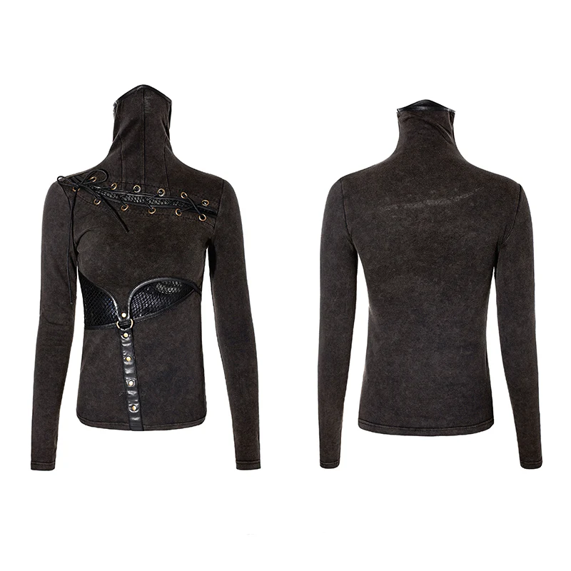 Coffe Steampunk Tight Mesh Punk Shirts With High Collar - Image 9