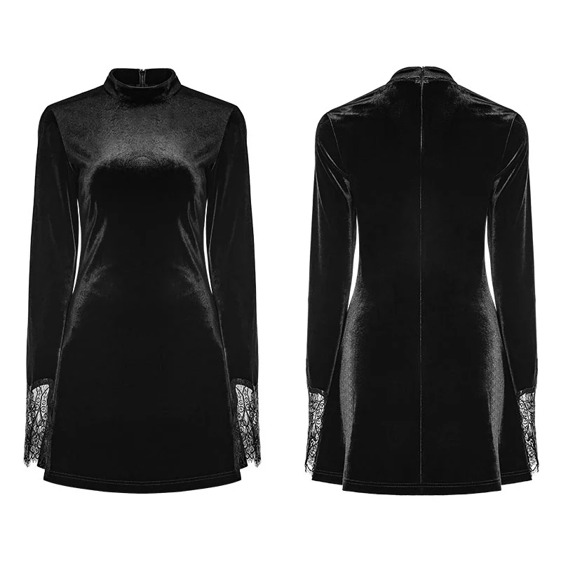 Dark Lace Stitching Feminine Velvet Gothic Dress - Image 4