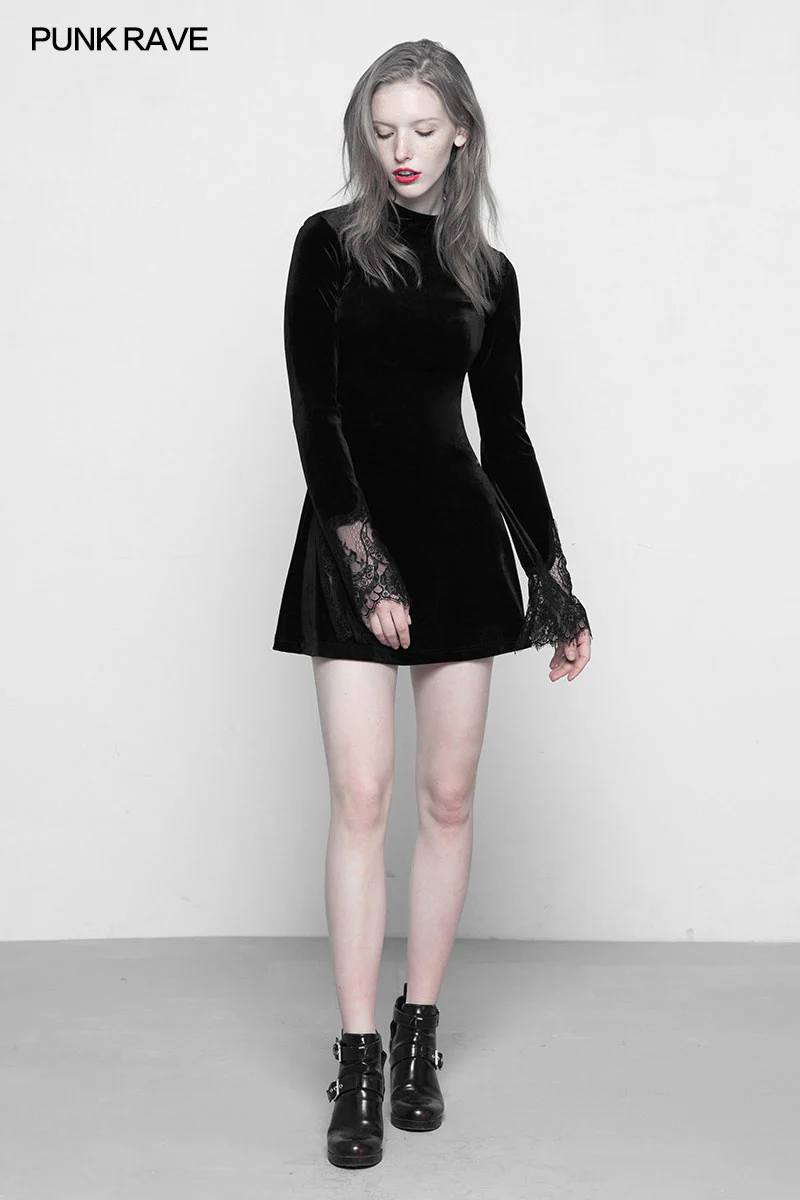 Dark Lace Stitching Feminine Velvet Gothic Dress - Image 6