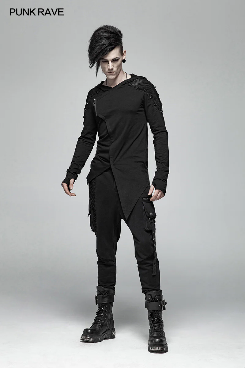 Dark Punk Hooded Thin Asymmetry Sweatshirt For Men - Image 5