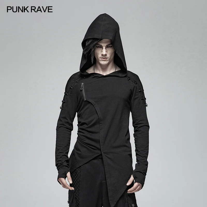 Dark Punk Hooded Thin Asymmetry Sweatshirt For Men - Image 6