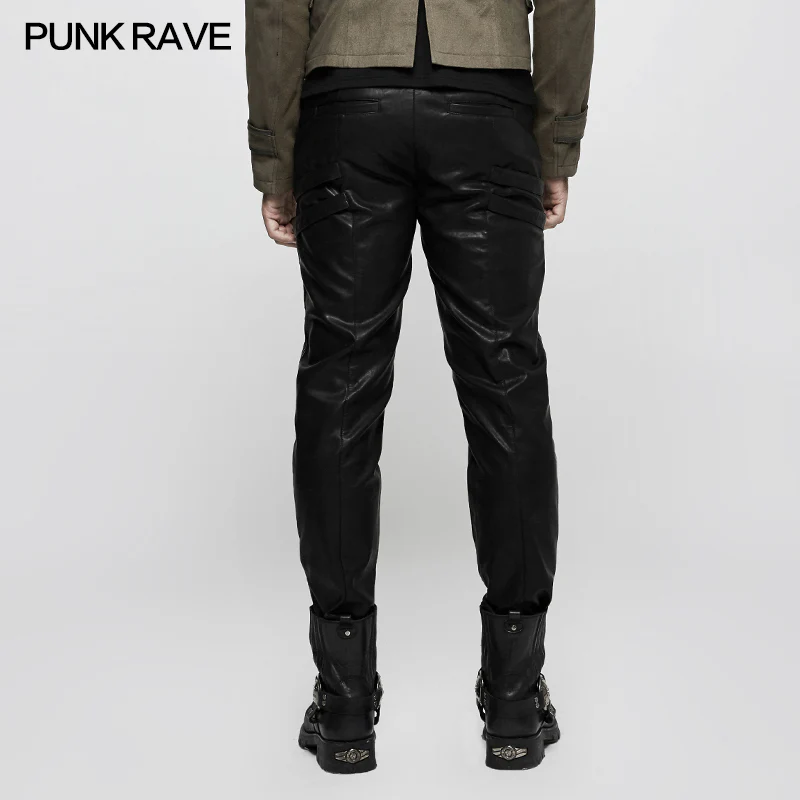 Elastic Mesh Spliced Leather Punk Pants For Men - Image 3