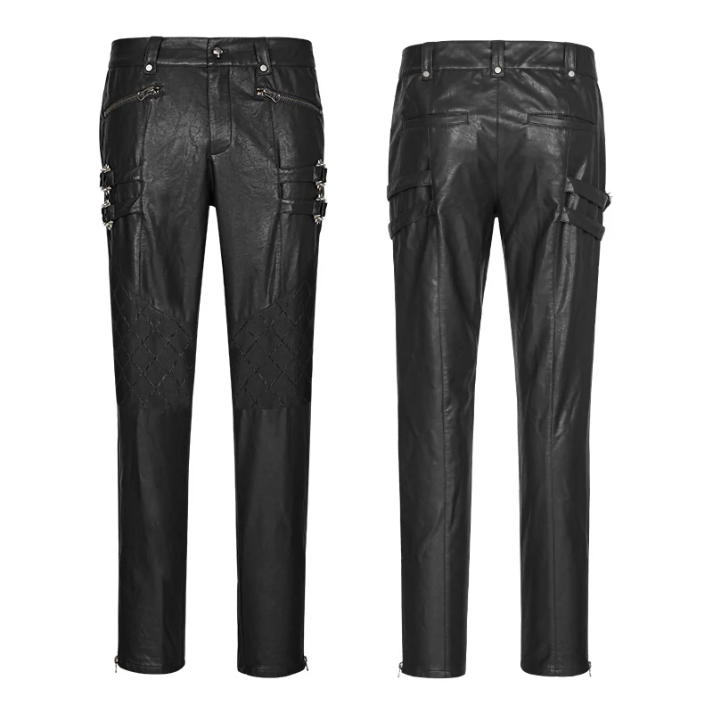 Elastic Mesh Spliced Leather Punk Pants For Men - Image 4