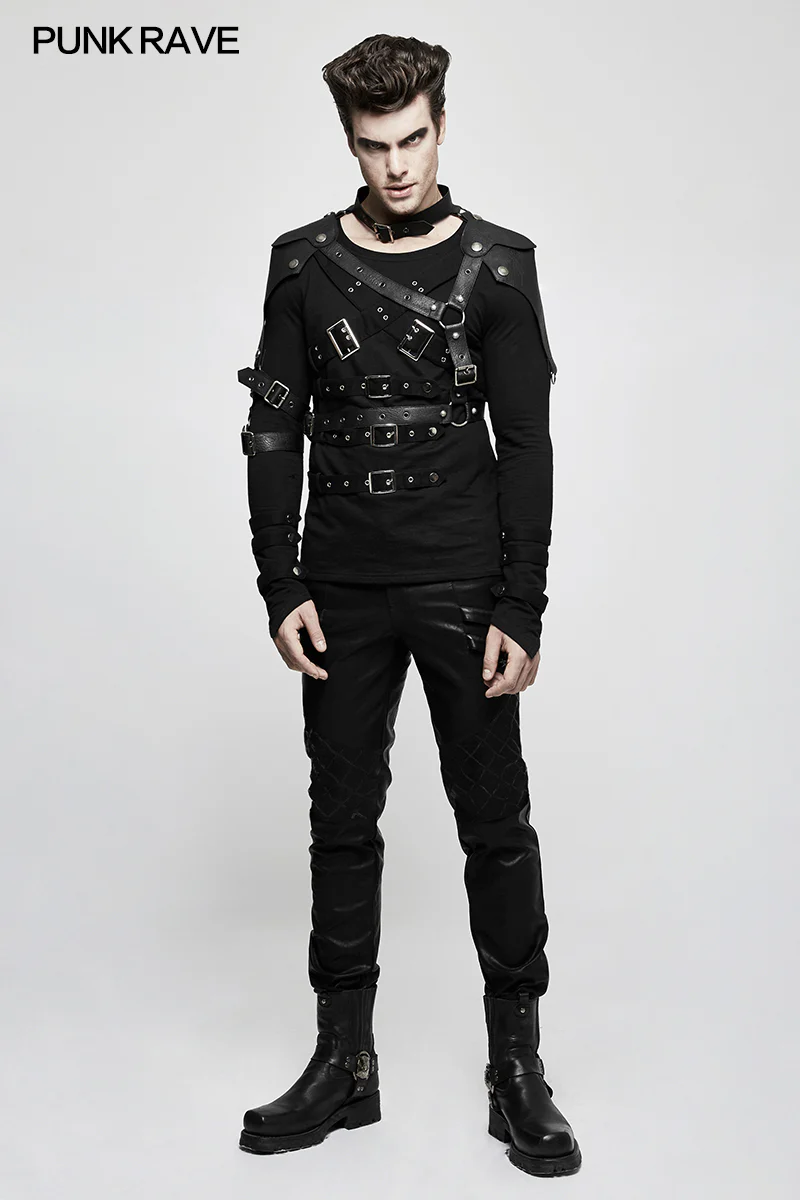 Elastic Mesh Spliced Leather Punk Pants For Men - Image 6
