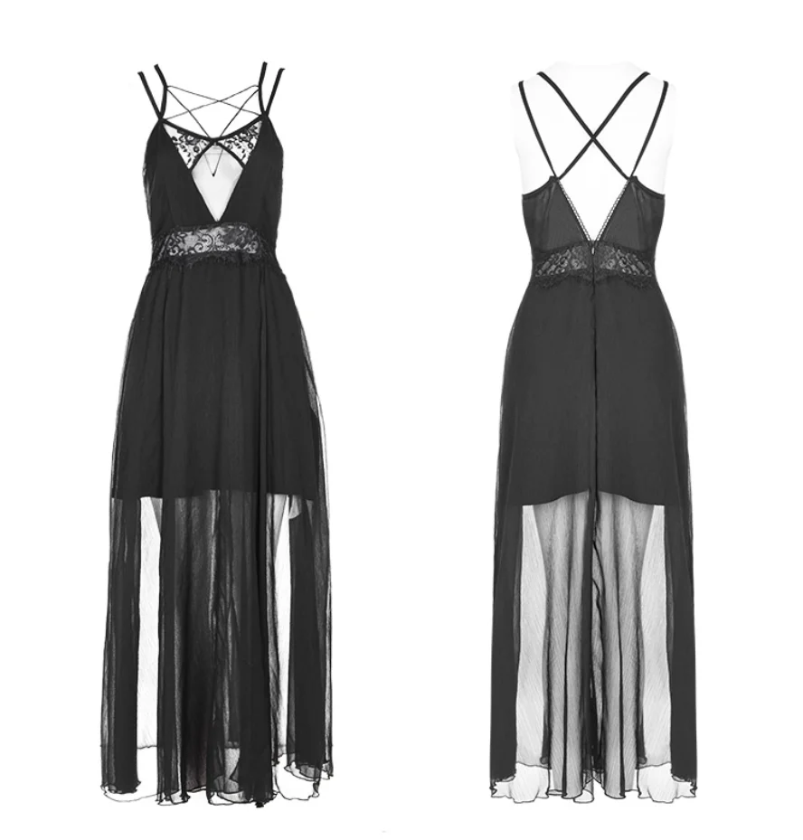 Elegant Gothic Layered Lace Chiffon Strap Dress - Image 3