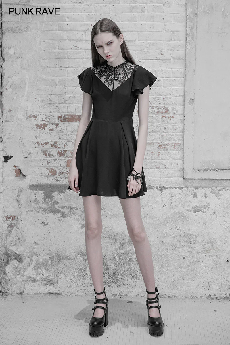 Elegant Lace Stitching Chiffon V-collar Gothic Dress - Image 11