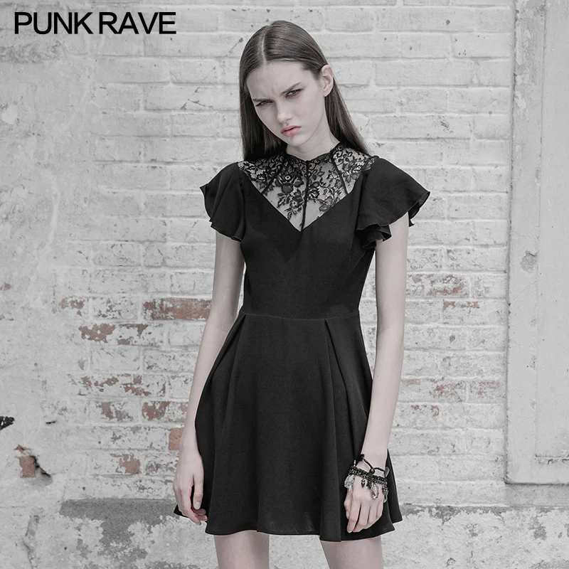 Elegant Lace Stitching Chiffon V-collar Gothic Dress - Image 3