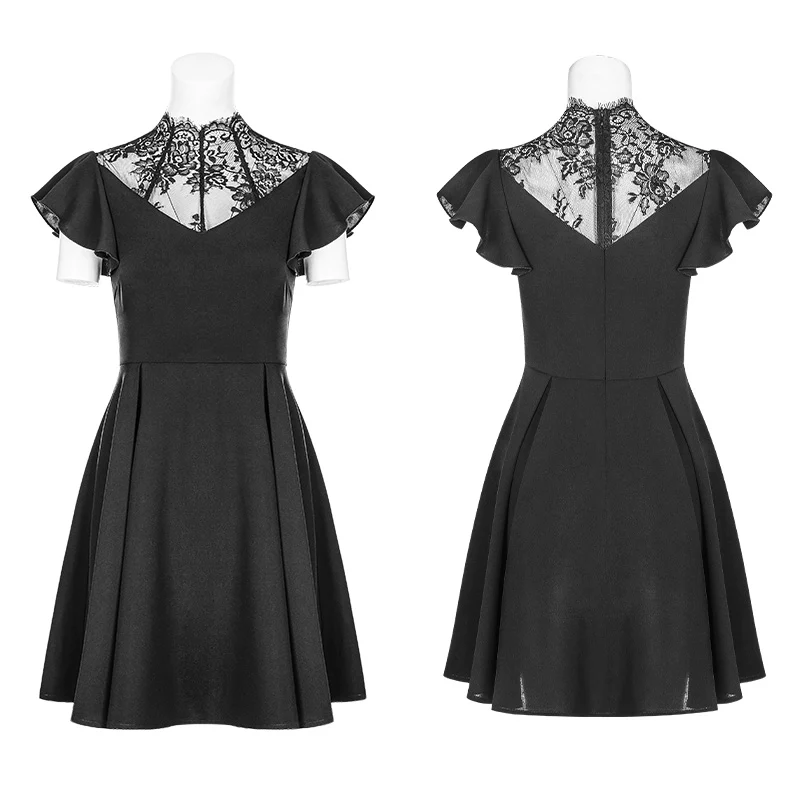 Elegant Lace Stitching Chiffon V-collar Gothic Dress - Image 4