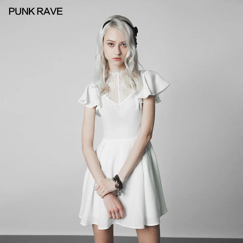 Elegant Lace Stitching Chiffon V-collar Gothic Dress - Image 6