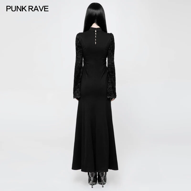 Exquisite Lace Knitted Gothic Dress With Front Semi-Transparent Stand Collar Design - Image 3