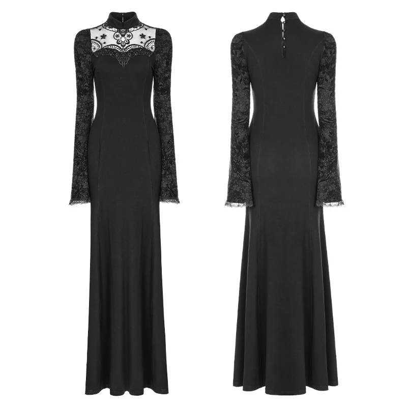 Exquisite Lace Knitted Gothic Dress With Front Semi-Transparent Stand Collar Design - Image 4