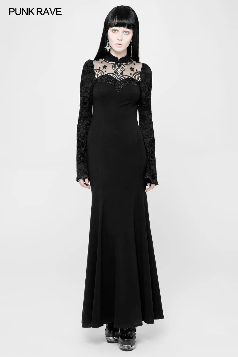 Exquisite Lace Knitted Gothic Dress With Front Semi-Transparent Stand Collar Design - Image 6