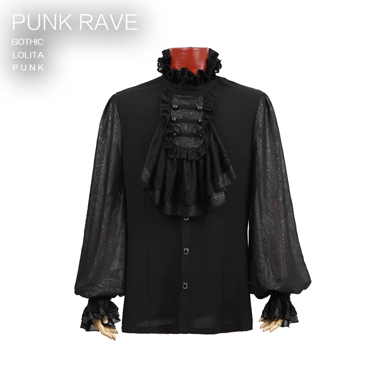 Fashion Black Soft Gothic Shirt With High Stand Collar For Men - Image 3