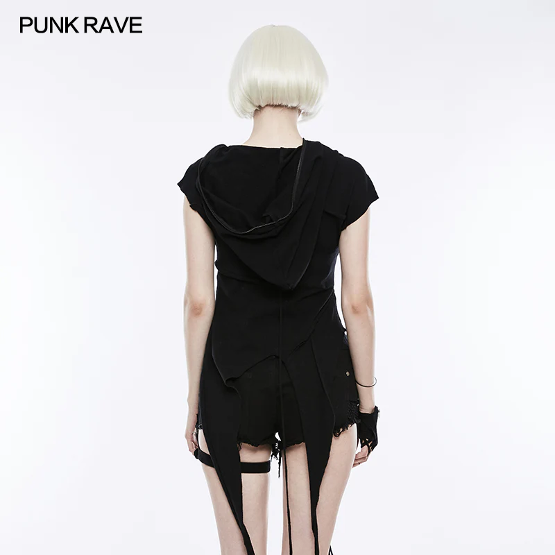 Fashion Slant Hat Mosaic Punk T-shirt Irregular Top - Image 3