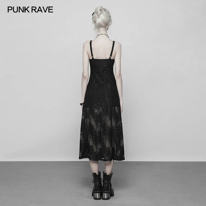 Gothic Dark Vintage Lace Strap Split Dress With Floral Design - Image 3