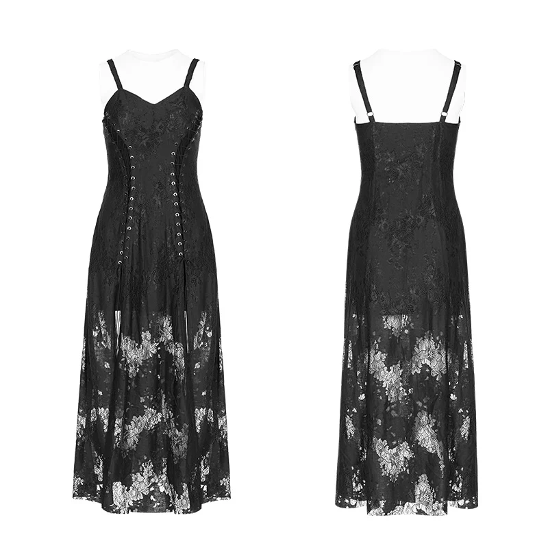Gothic Dark Vintage Lace Strap Split Dress With Floral Design - Image 4