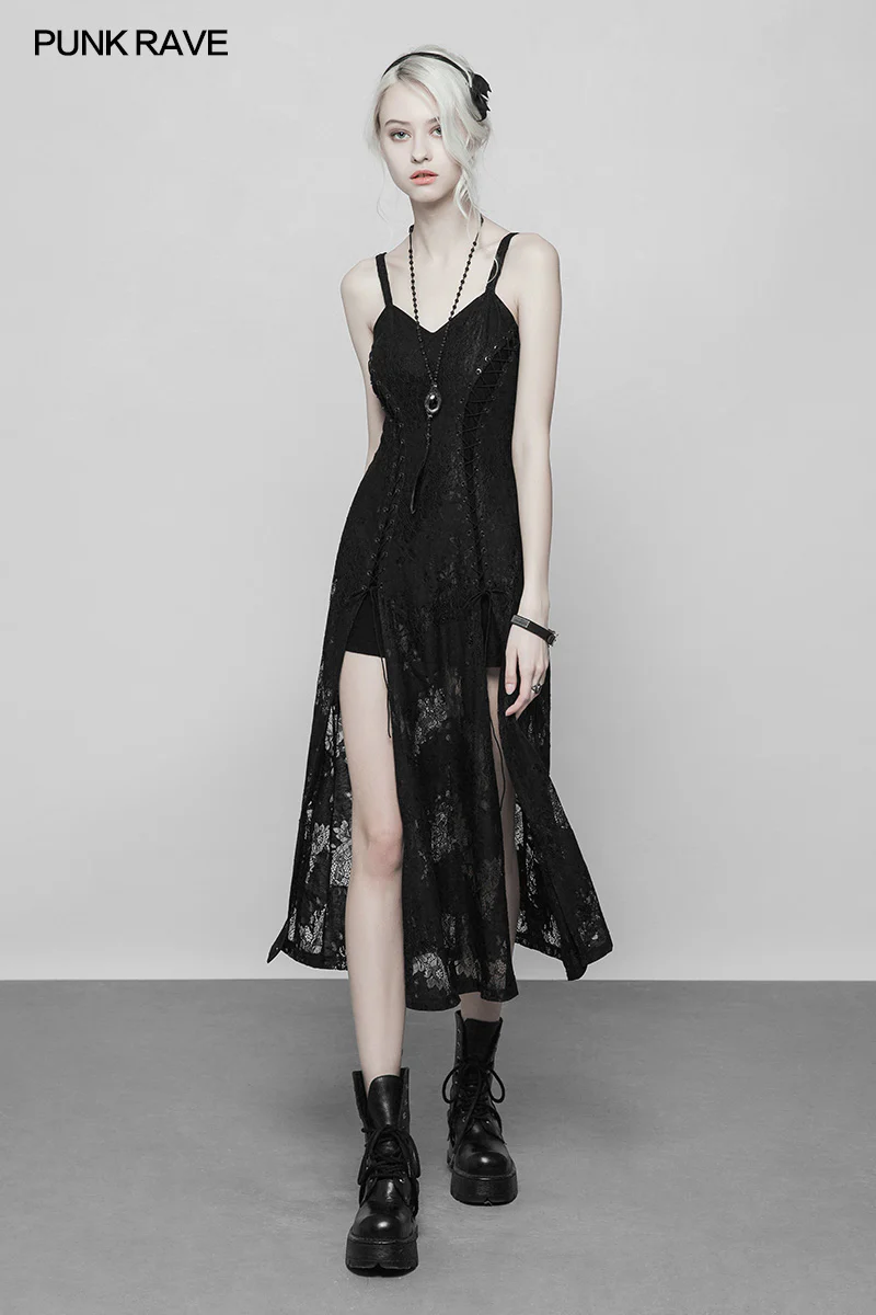 Gothic Dark Vintage Lace Strap Split Dress With Floral Design - Image 6