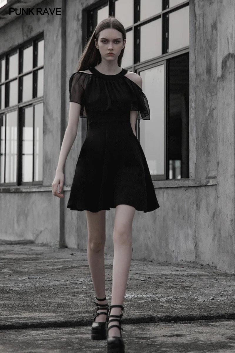 Gothic Elegant Black Chiffon Silk Dress For Women - Image 3