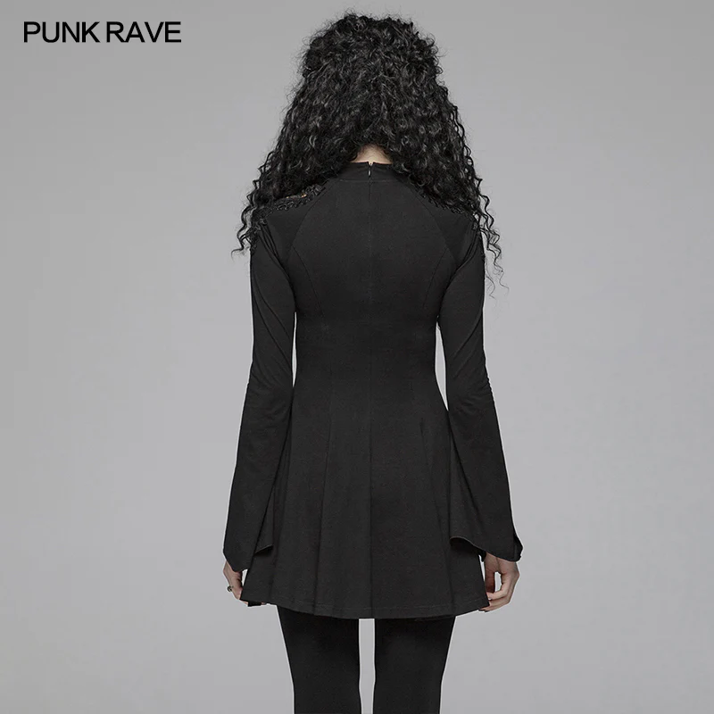 Gothic Women Hollow-out Collar Long Sleeve High Neck A-line Short Dress - Image 3