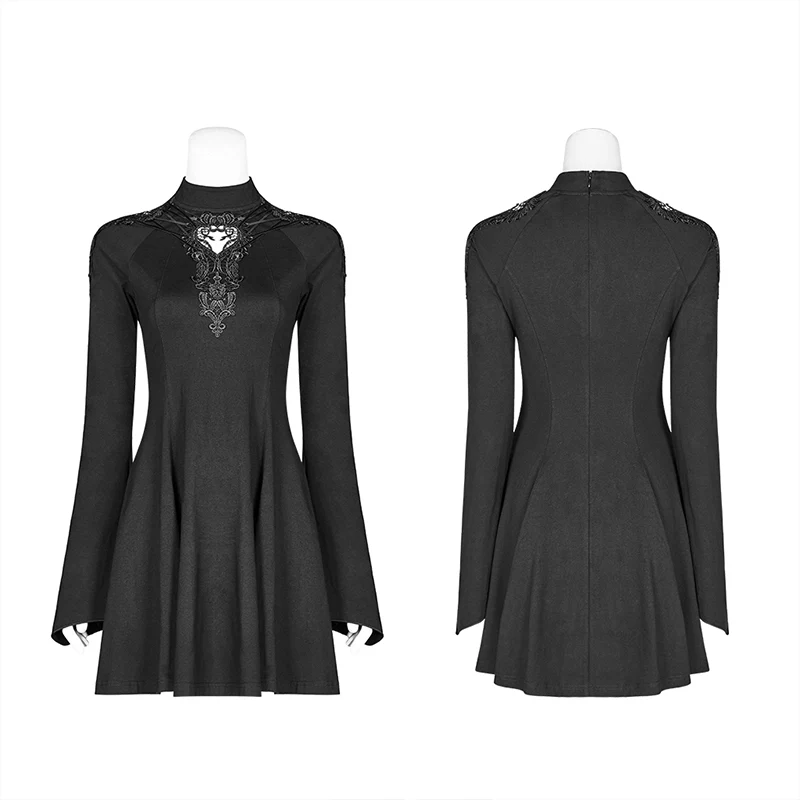 Gothic Women Hollow-out Collar Long Sleeve High Neck A-line Short Dress - Image 4
