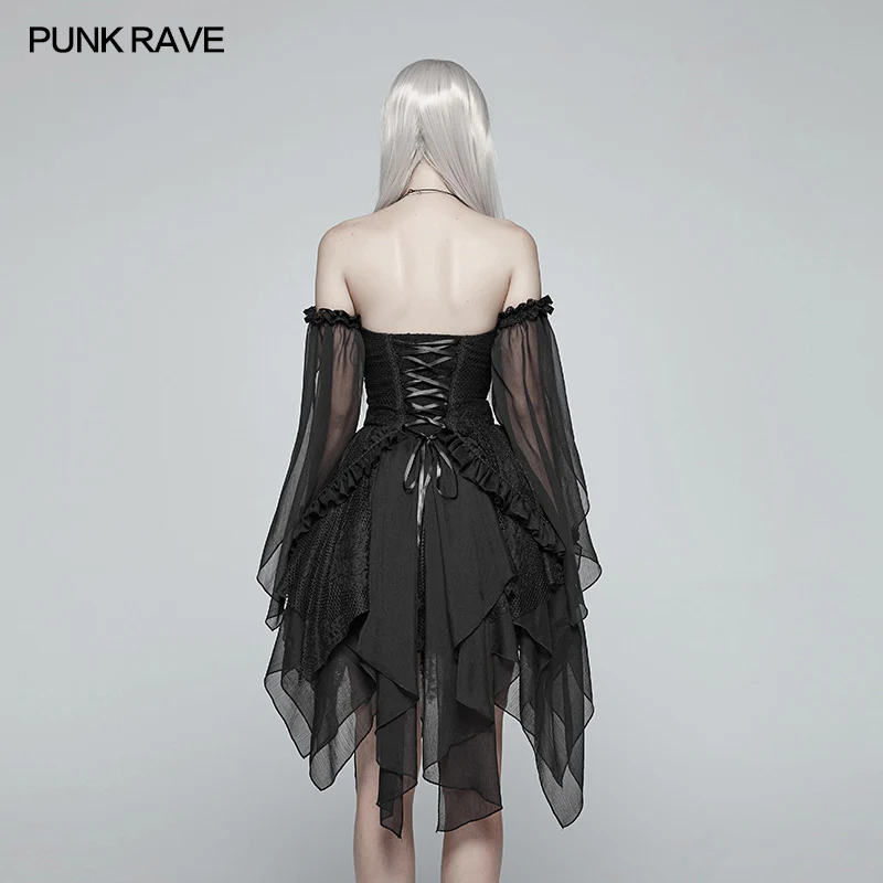 Lolita Black Off Shoulder Irregular Hem Elf Dress - Image 3