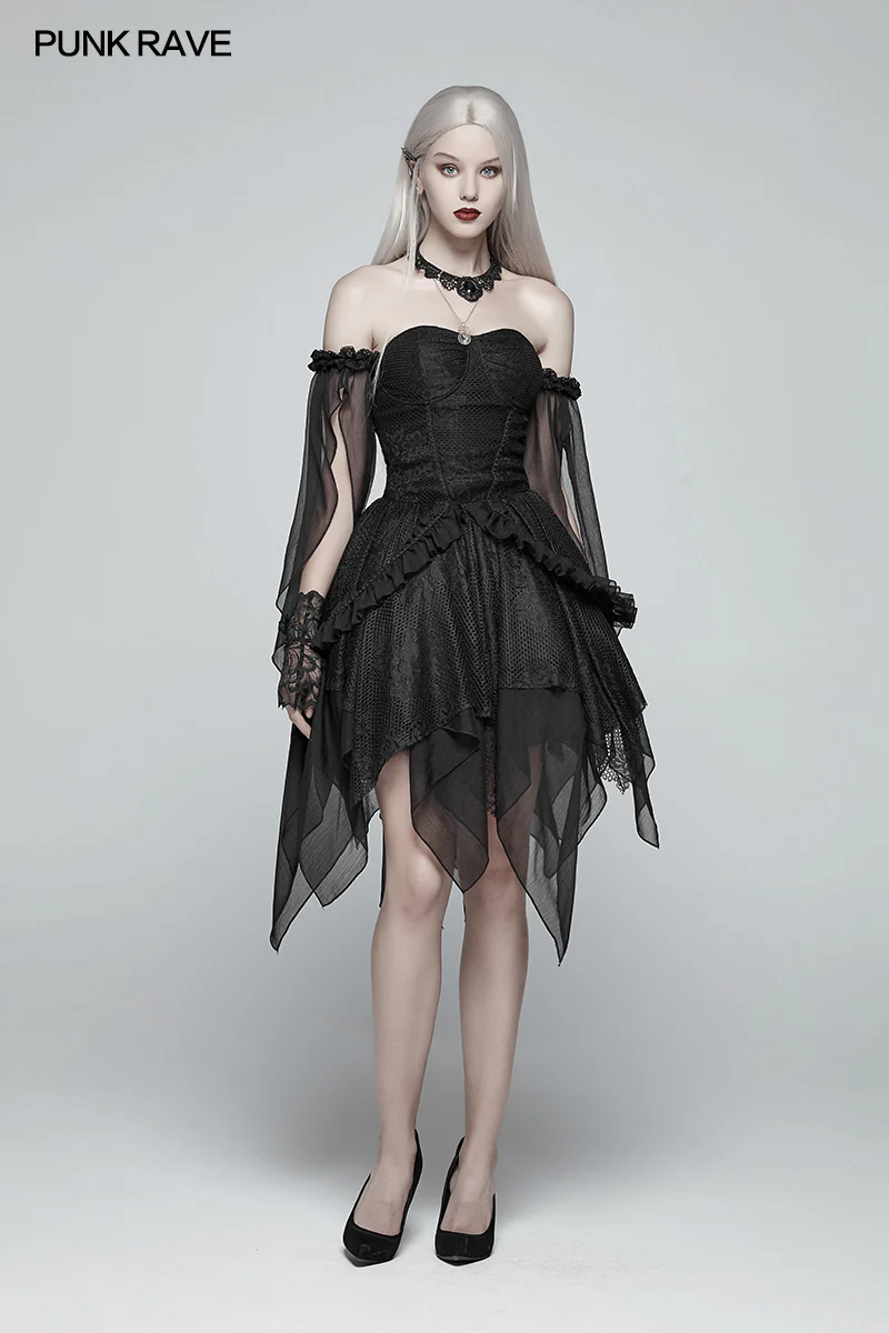 Lolita Black Off Shoulder Irregular Hem Elf Dress - Image 6