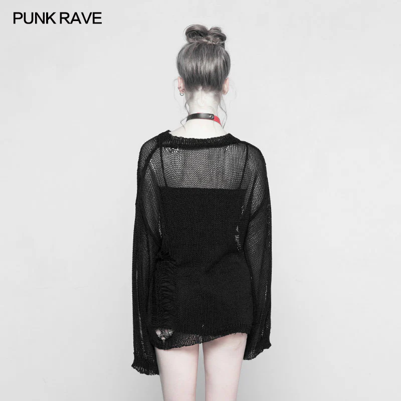 Loose Mesh Ripped Hole Tattered Distressed Knit Sweater Top - Image 3