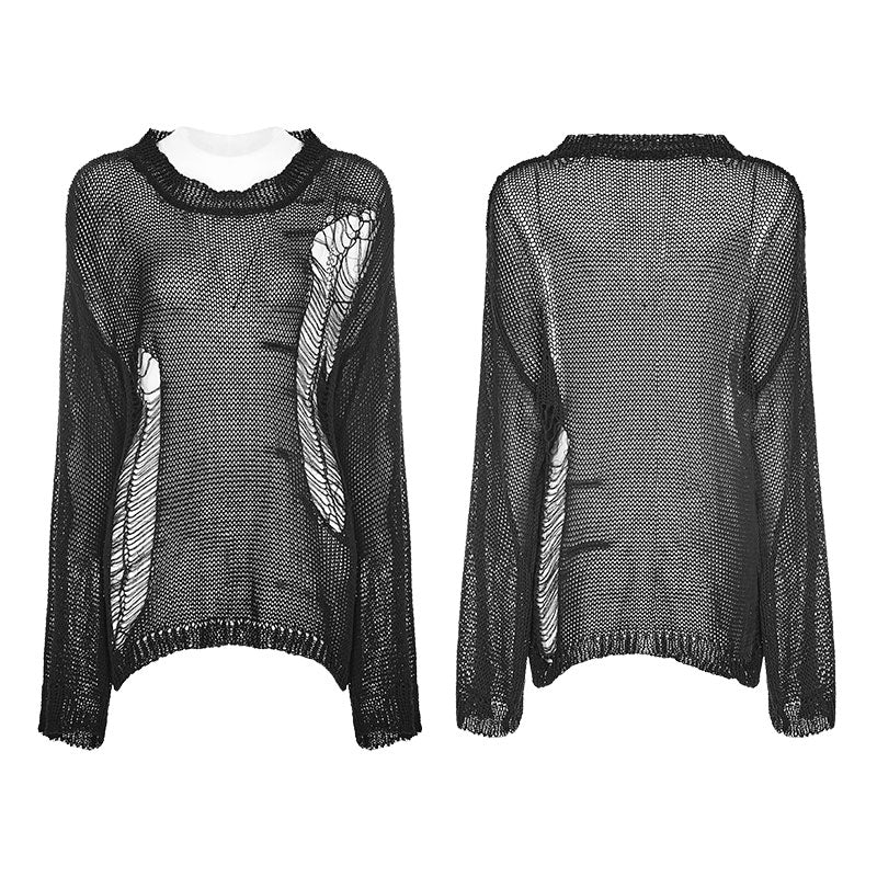 Loose Mesh Ripped Hole Tattered Distressed Knit Sweater Top - Image 4
