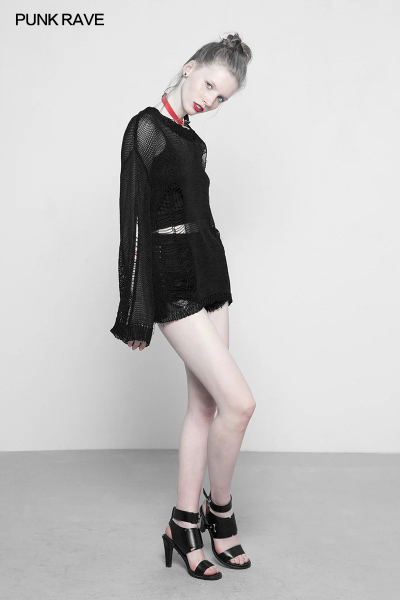 Loose Mesh Ripped Hole Tattered Distressed Knit Sweater Top - Image 6