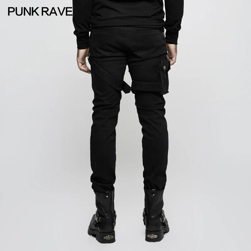 Men Elastic Denim Punk Pants With Detachable Pocket - Image 3