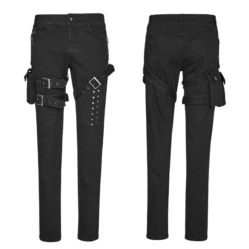 Men Elastic Denim Punk Pants With Detachable Pocket - Image 4