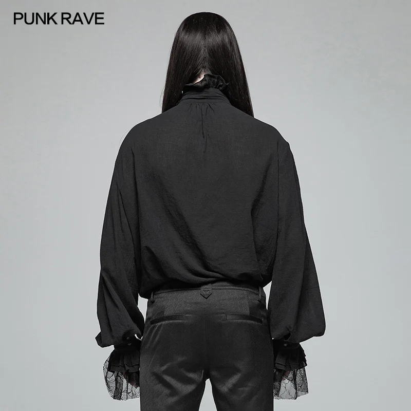 Men Gothic Partial Placket Lotus Leaf Loose Shirt With Standing Collar - Image 3