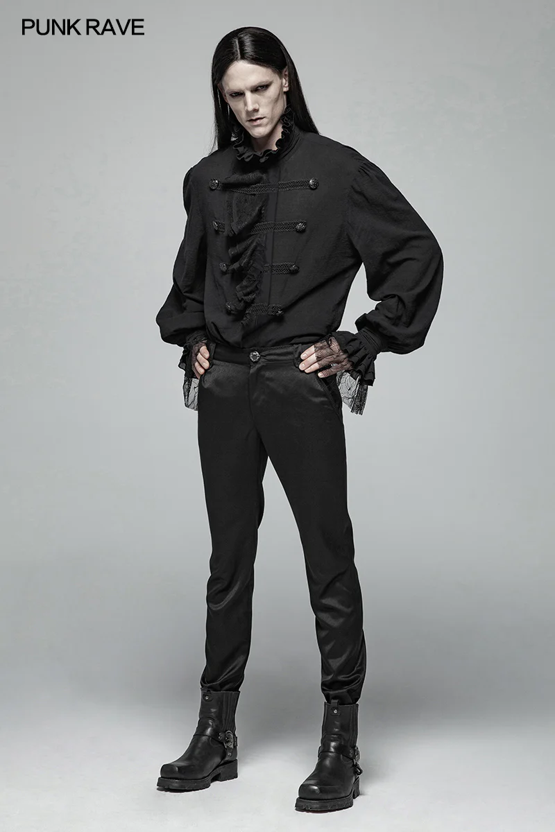 Men Gothic Partial Placket Lotus Leaf Loose Shirt With Standing Collar - Image 6