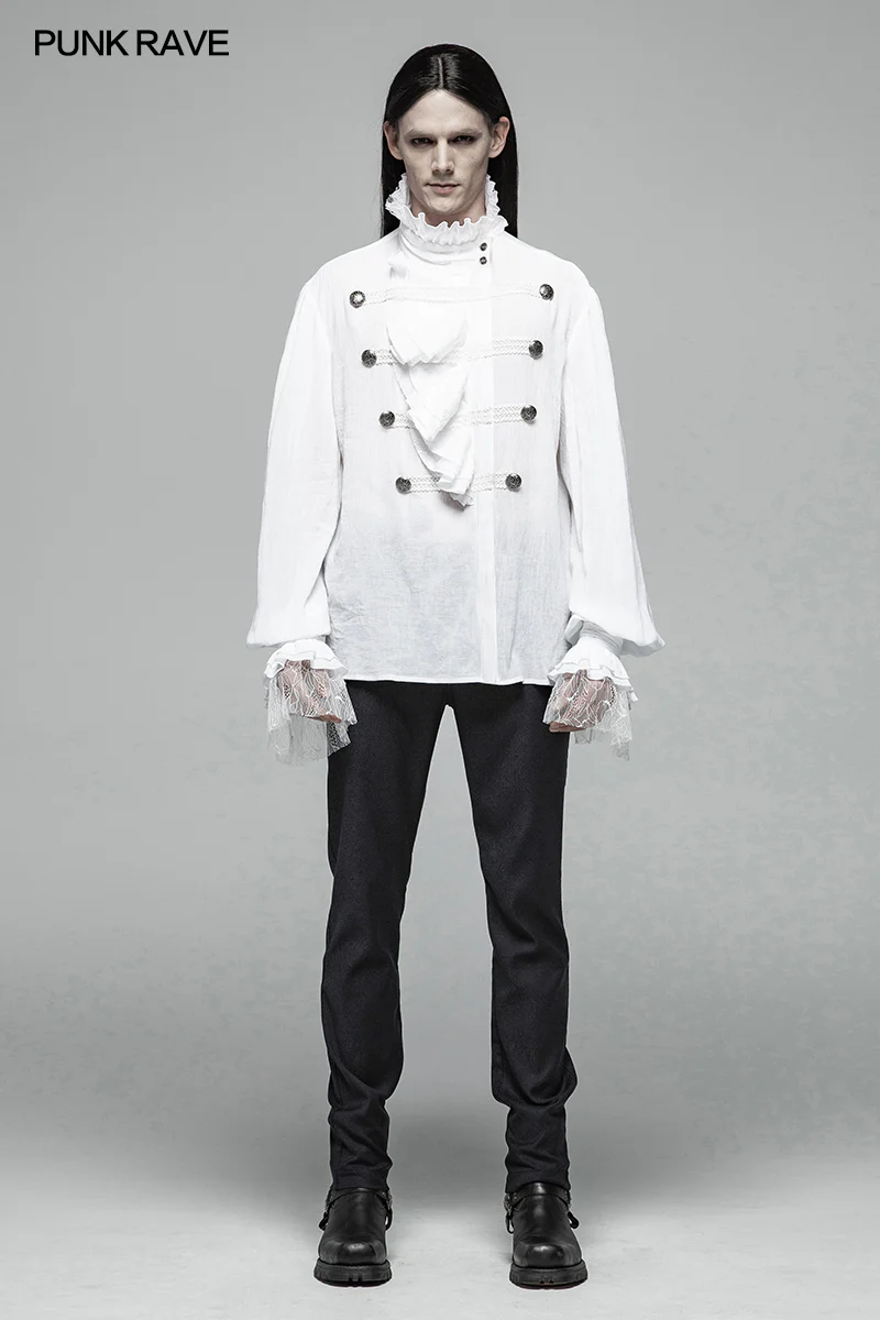 Men Gothic Partial Placket Lotus Leaf Loose Shirt With Standing Collar - Image 7