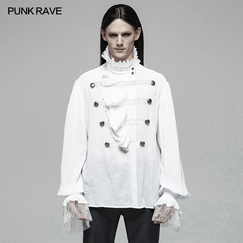 Men Gothic Partial Placket Lotus Leaf Loose Shirt With Standing Collar - Image 8