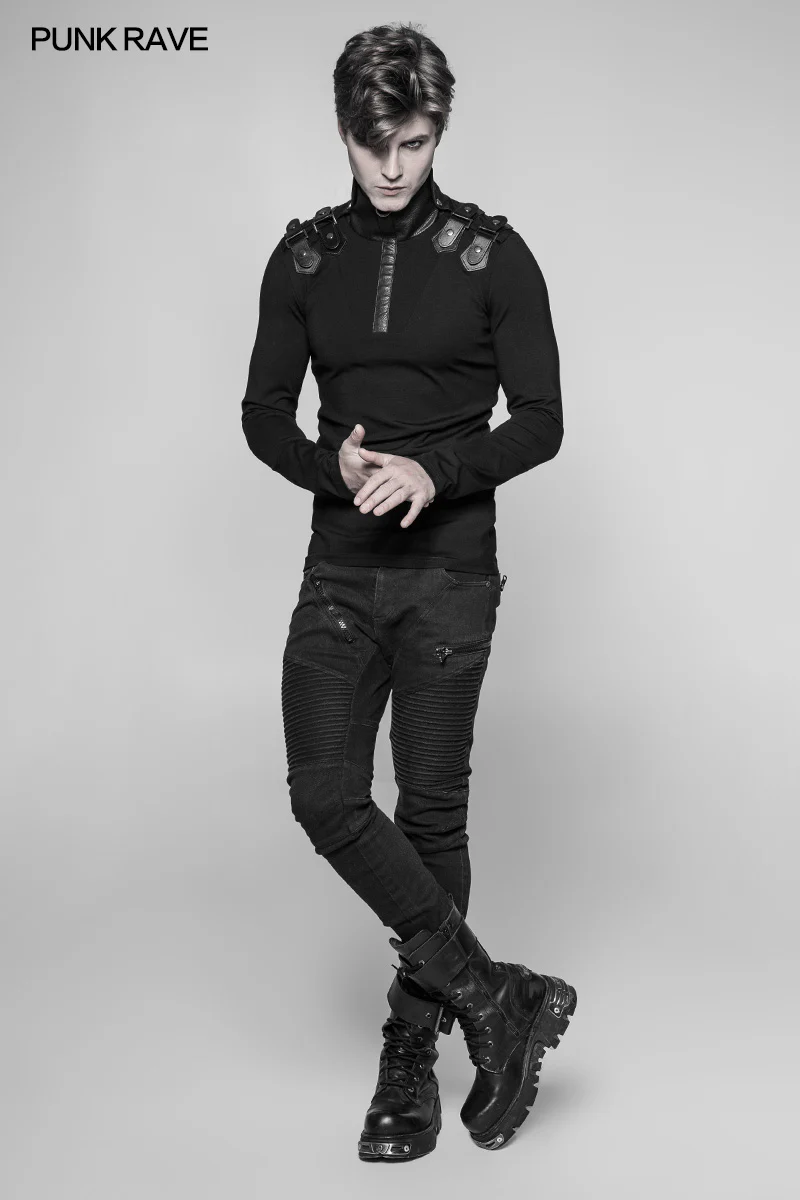 Men's Goth Elastic Knitted Uniform Long-sleeve T-shirt - Image 6