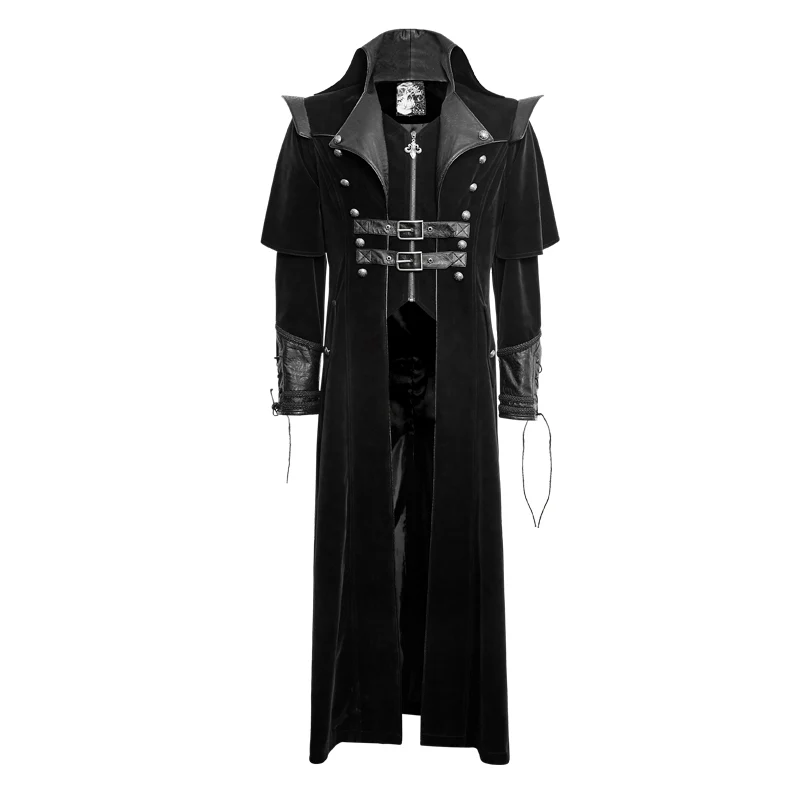Military Black Leather Long Gothic Trench Coats With Belts - Image 4