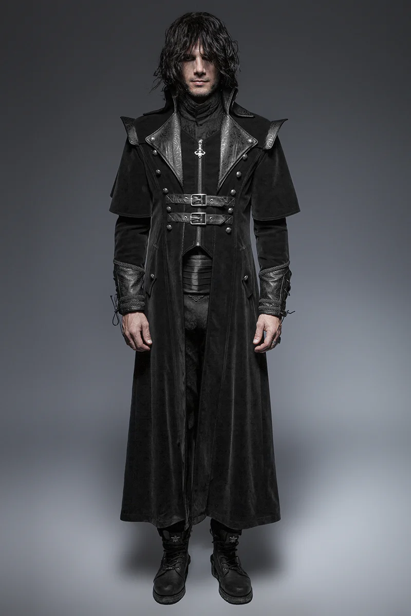 Military Black Leather Long Gothic Trench Coats With Belts - Image 6
