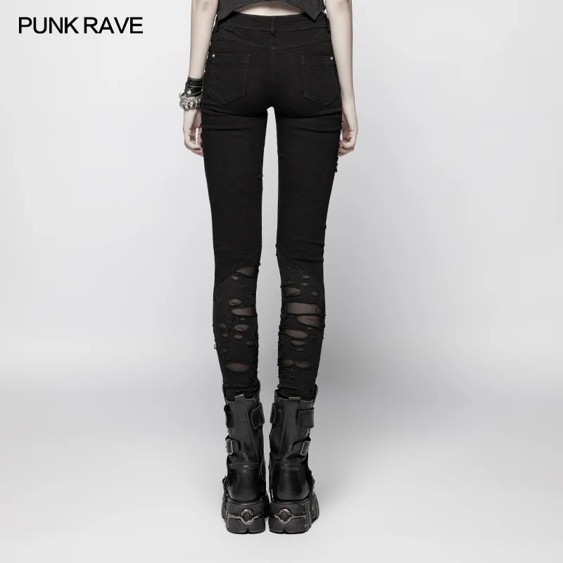 Punk Elastic Stitching Trousers With Broken Hole - Image 3
