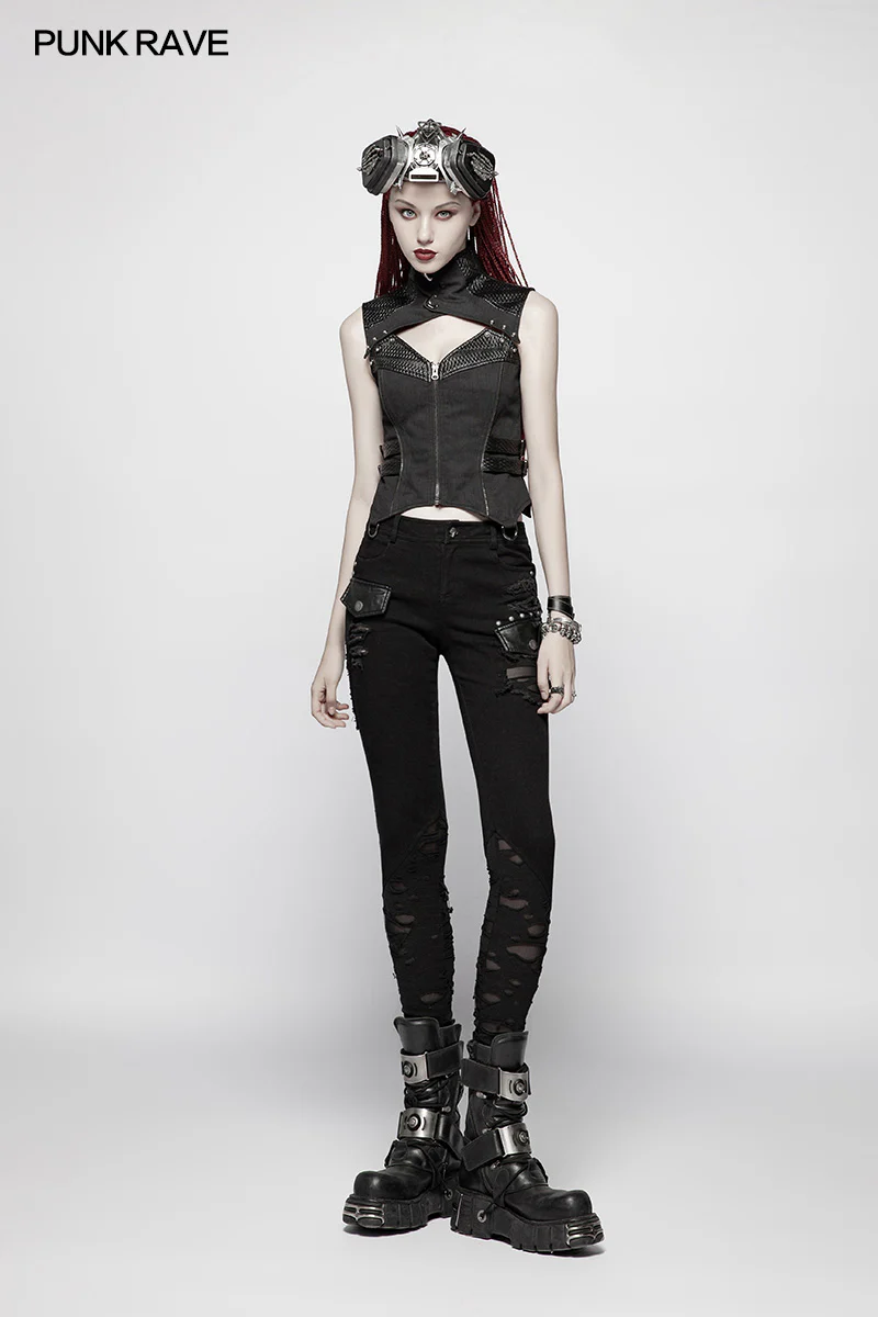 Punk Elastic Stitching Trousers With Broken Hole - Image 4