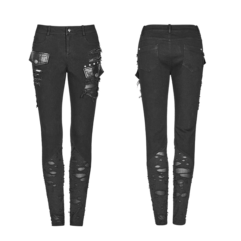 Punk Elastic Stitching Trousers With Broken Hole - Image 5