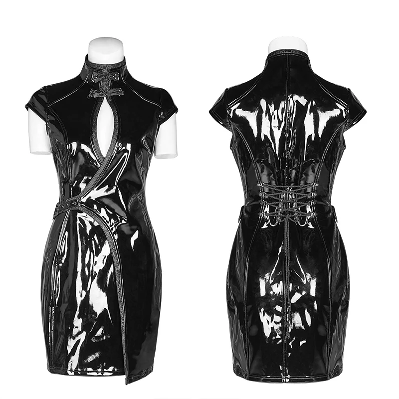 Punk sci-fi art patent leather Chinese style dress - Image 4