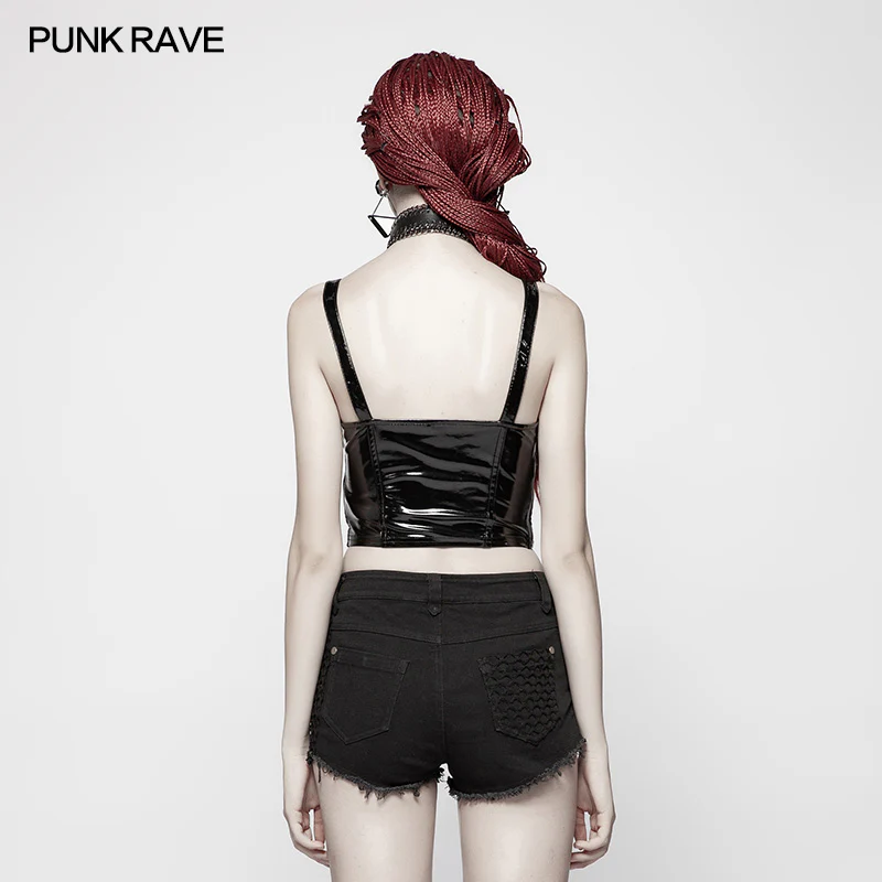 Punk Stretch-gloss Coated Knitted Strap Short Vest - Image 3