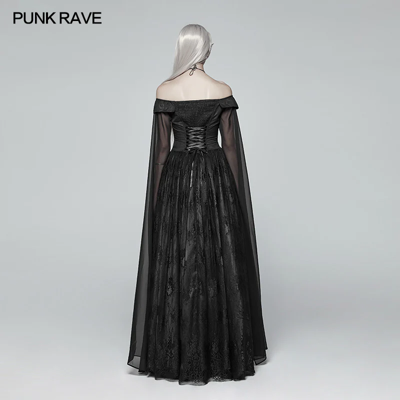 Retro And Elegant Dark Gothic Off Shoulder Victoria Long Lace Dress - Image 3